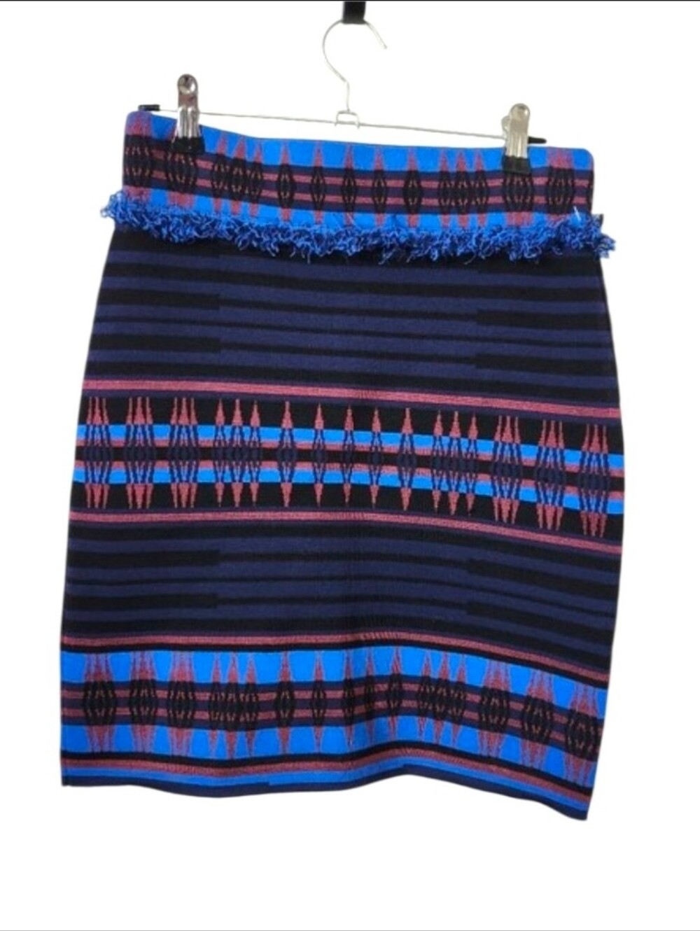 Torn by Ronny Kobo Blue and Black Fringe-Waist Knit Pencil Skirt S